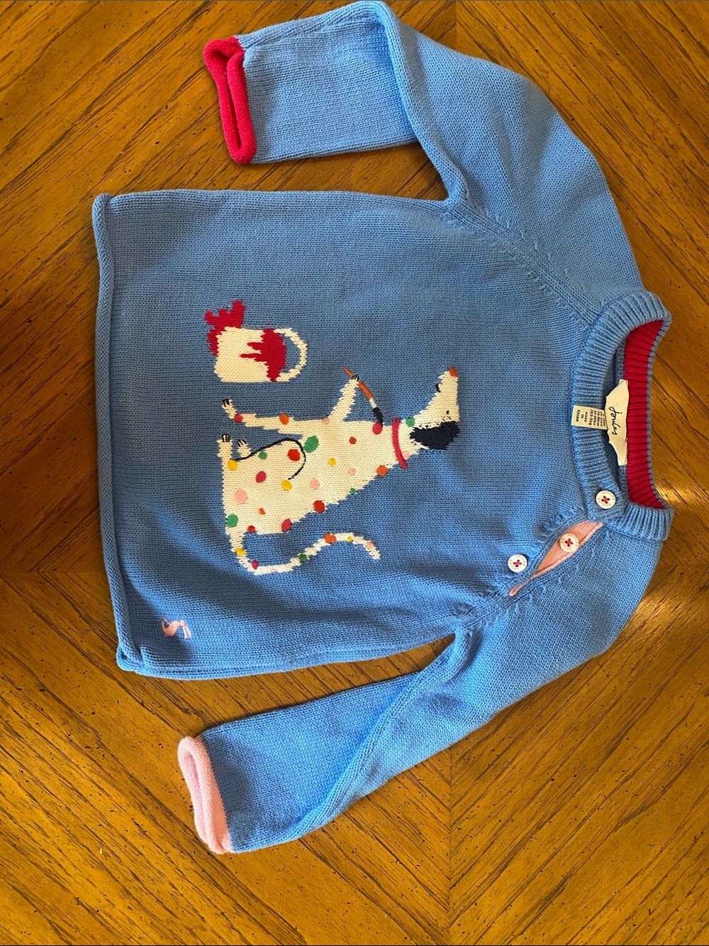 Joules Blue Girls' Dog Intarsia Sweater with Pink Trim